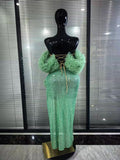 Mint White Color Women Mesh Ruffles Laced-up 2 Pieces Sequins Bodycon Long Dress Nightclub Bar Singer Party Performance Costumes