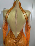 Women Sparkly Diamond Orange Tassel Latin Dance Outfits Long Sleeves Mesh Transparent Dress Bar Nightclub Party Club Stage Wear