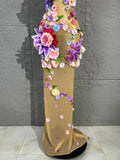 3D Floral Rhinestone Halter Maxi Bodysuit Dress Women Deep V Mesh See-Through Long Gown Carnival Rave Festival Performance Costume