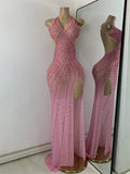 Luxury Rhinestones Pink Elegant Princess Long Dress Design Women Sexy Mesh Split Backless See Through Dresses For Special Events