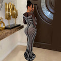 Dress Shiny Diamond O-neck Long Sleeve Elegant Maxi Dress Sexy Sheer Party Dress Vestidos