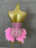 Glamorous Pink Sparkly Rhinestone Feather Trim Bodysuit Performance Costume Singer Stage Outfit Birthday Party Nightclub Wear