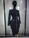 High Quality Women Long Sleeve Sexy V-Neck Buttons Bodycon Midi Bandage Dress Officelady Fashion Evening Party Clothing