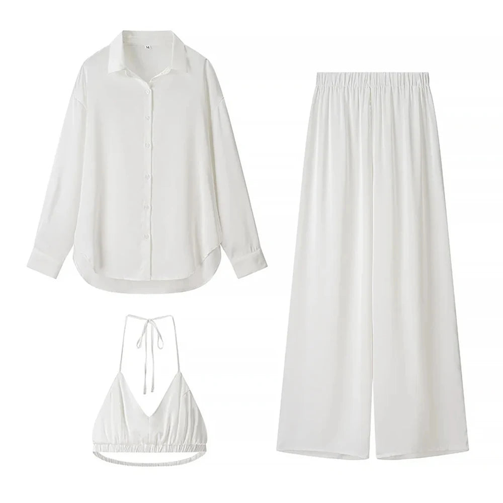Solid Three Piece Set for Women Lapel Long Sleeve Loose T Shirts Halter Vest High Waist Pant Sets Female