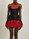 Sexy Party Spliced 3D Rose Dress for Women Strapless Sleeveless High Waist Hit Color Tutu Dresses with Necklace Female New