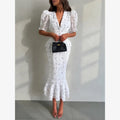 White Pink Floral Choker Neck Dress Women Elegant V-neck 3/4 Sleeves Peplum Ruffle Hem Long Dresses 2026 Lady Daily Vestidos New