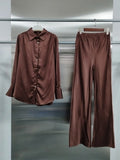 Brown Spliced Folds Two Piece Set Female Lapel Long Sleeve Shirt Vintage Commute Women's Trousers Sets Fashion New