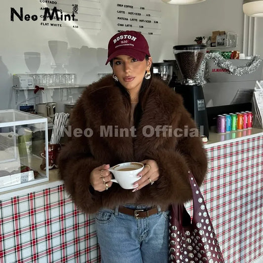 Winter 2026 Trendy Brown Obsession Cropped Shawl Collar Faux Fur Coat Women Jacket Chic Girls Brand Fox Fur Outerwear