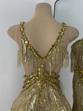 Sparkly Diamonds Sequins Fringes Luxury Jumpsuit Gold Sleeveless Mesh Performance Dance Costume Nightclub Singer Stage Rompers