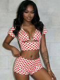 Sexy Dot Print 3 Piece Sets Women Chic Halter Bra Tops+Short Sleeves Crop Tops+Shorts Skinny Beach Vacation Clubwear