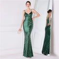 Women Spaghetti Strap Party Maxi Dress Sexy V Neck Evening Green Sequin Dress Elegant Long Prom Dress Vestido Longo