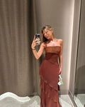 Brown Glitter Chiffon Tiered Maxi Dress Elegant One Shoulder Square Neck Flowy dresses 2026 Summer Formal Wedding  Party gowns