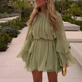 Solid Minimalist Mini Dresses For Women Round Neck Long Sleeve High Waist Elegant Dress Female Fashion New Style