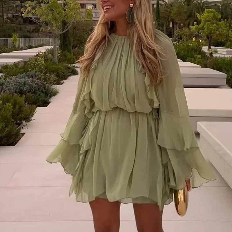 Solid Minimalist Mini Dresses For Women Round Neck Long Sleeve High Waist Elegant Dress Female Fashion New Style
