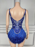 Sparkly Silver Rhinestones Pearl Tassels Bodysuit 2025 New Women Sexy Eveing Birthday Party Nightclub Stage Performance Costume