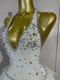 Women Sexy Mesh See Through Evening Birthday Party Dress Nightclub Stage Wear Sparkly Rhinestone Pearls Halter Backless Bodysuit