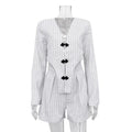 Striped Two Piece Set for Women V Neck Long Sleeve Spliced Button Coat High Waist Shorts Chic Sets Female
