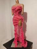 Women Strapless Mesh Ruffled Slit Long Dress Sparkly Diamond Birthday Evening Party PhotoShoot See Through Nightclub Stage Wear