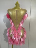 Sexy Mesh Stretch Sparkly Golden Diamonds Mini Dress Women Elegant Evening Party Birthday Wedding Gown Photo Shoot Stage Outfit