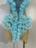 Shiny Rhinestone Birthday Bar Nightclub Stage Costume Sexy Strapless Sky Blue Mesh Ruffled See Through Evening Party Mini Dress