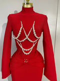 Women Celebrity Evening Party Club Prom Luxury Birthday Dresses Elegant Pearl Beaded Sexy Long Sleeve Bodycon Long Bandage Dres
