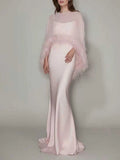 Formal Feather Cape Sleeve Maxi Dress for Women O Neck Spaghetti Strap Floor Length Long Evening Prom Cocktail Party Gown