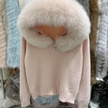 Women Hooded Knit Cardigan Sweater Coat Fluffy Faux Fur Collar Two Way Zip Solid  Loose Casual Jacket 2026 Autumn Winter