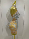 Sparkly Rhinestones Sexy Mesh See Through Mini Dress Party Evening Prom Celebrate Birthday Dress Singer Dancer Show Stage Wear