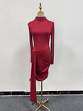 Solid Spliced Lace Up Dresses for Women O Neck Long Sleeve High Waist Temperament Slimming Dress Female