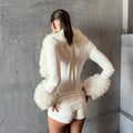 White Faux Curly Fur Bodysuit Women Chic Solid Deep V Long Fluffy Sleeves Shorts Bodysuit 2026 Lady Party Street Matching Suit