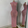 Luxury Purple Rhinestones Long Party Dress Celebrity Women Sexy Sleeveless Mesh See Through Prom Gown Club Birthday Dresses