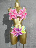 Sexy Tropical Handmade Flower Trendy Bikini Two Pieces Transparent Floral Swimsuit Beach Outfit Dancer Performance Costum