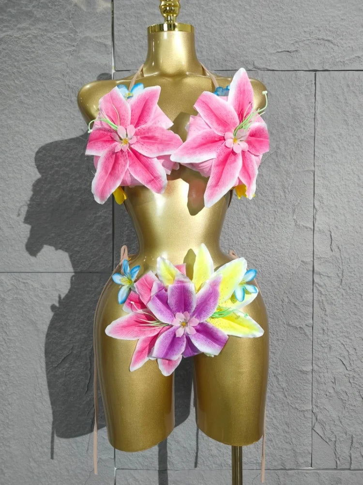 Sexy Tropical Handmade Flower Trendy Bikini Two Pieces Transparent Floral Swimsuit Beach Outfit Dancer Performance Costum