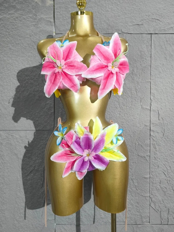 Sexy Tropical Handmade Flower Trendy Bikini Two Pieces Transparent Floral Swimsuit Beach Outfit Dancer Performance Costum