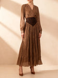 French Retro Vacation Dress for Women V Neck Lantern Sleeve Spliced Bead Square Scarf Tunic Temperament Long Dresses Female