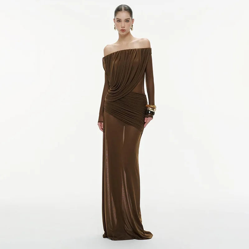 Sexy Sheer Mesh Maxi Dress for Women Slash Neck Long Sleeve High Waist Patchwork Folds Slimming Dresses Female New