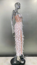 Women's Luxury Feather Rhinestone Beaded Glam Sheer High Slit Tube Top Dress Fashion Hot Birthday Party Banquet Performance Gown