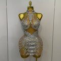 Sparkly Rhinestones Sexy Mesh See Through Mini Dress Party Evening Prom Celebrate Birthday Dress Singer Dancer Show Stage Wear