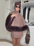 Women Plaid Fur Trim Cape Mini Skirt Set High Neck Checkered Shawl Coat Short Skirt Two Piece Outfit 2026 Autumn Elegant Suit