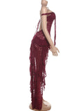 Irregular Tierred Dress Women Mesh Patchwork Slash Neck Lace-Up Backless Midnight Banquet Party Elegant Long Bodycon