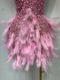 Luxury Rhinestones Pearls Halter Backless Short Feathers Dress Women Sexy Celebrate Birthday Dress Performance Dance Costume