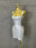 Women Sexy Metallic Gold Silver Bronze Bodycon Dress with Thin Straps and Drawstring Hem Evening Event Women Clubwear Outfit