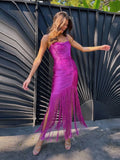 High Quality Fashion Fringe Rose Red Spaghetti Strap Long Dresses Women'S Tassel Celebrity Bandage Dress Prom Vestidos