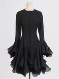 Women's Irregular Pleated Patchwork Fashion Long Flare Sleeve Waist Cinching Midi Dresses 2026 New Female Clothing