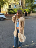 Women Shaggy Faux Fur Patchwork Mid Length Coat Lapel Open Front Long Sleeve Vintage Coats Elegant Winter Warm Outerwear 2026