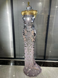Women Luxury Sequins Strapless Crystal Bodycon Evening Party Dress Celebrity Gala Gown Birthday Club Long Floor Dress
