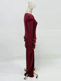 Elegant Style Pencil Dresses for Women O Neck Shoulder Pud Long Sleeve High Waist Pleated Slim Maxi Dress Female