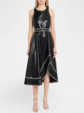 Fashion Bright Line Decoration Pu Leather Dress Women Belt Sleeveless Irregular Draped Dress Club Party Female Vestidos