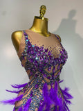 Sparkly Rhinestones Feather Sexy Bodycon Long Dress Women Luxury Birthday Evening Party Fashion Show Nightclub Stage Costume