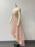Sexy Shoulder Bared Formal Evening Gown with Asymmetrical Hem Tulle Ball Dress Glitter Birthday Party Christmas Dresses